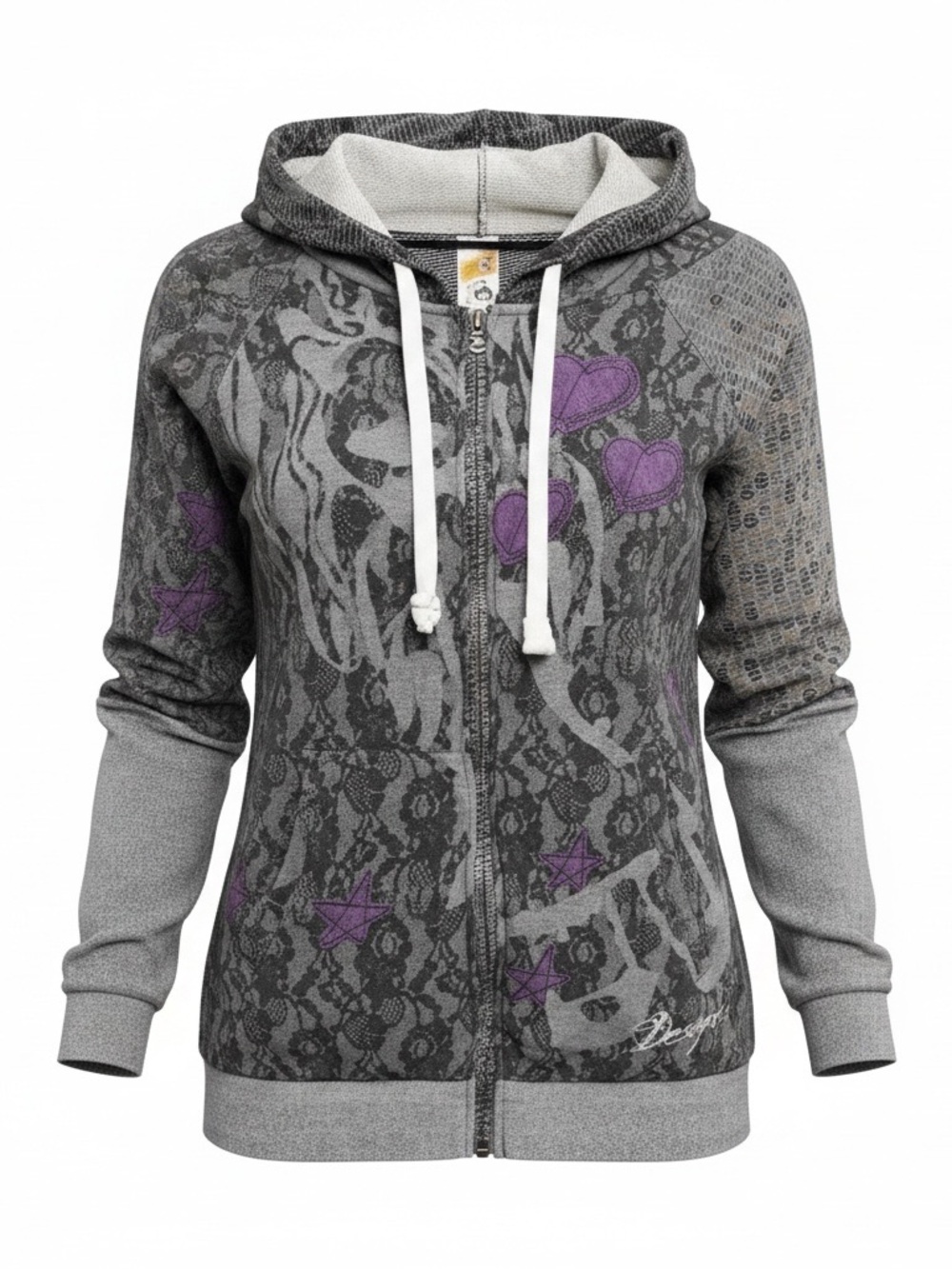 Desigual Gray Zip Hoodie with Purple Heart Accents